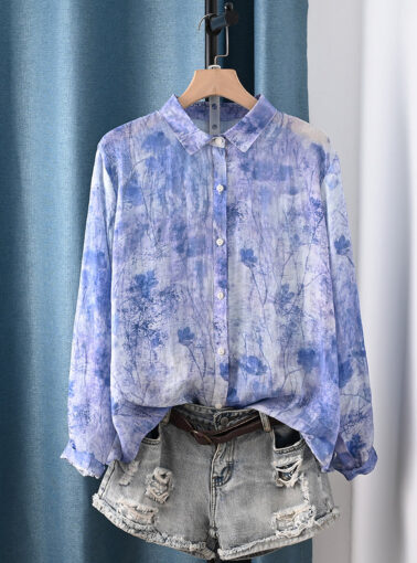 Women Summer Artsy Flower 100%Ramie Turn-down Collar Shirt