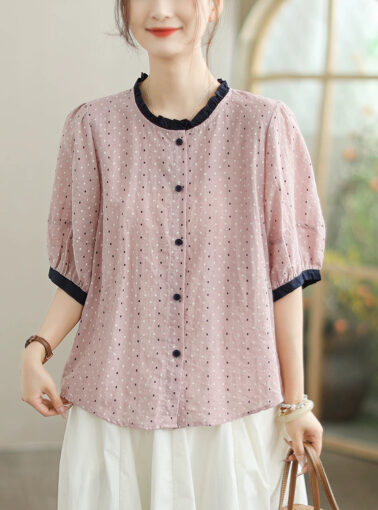 Women Summer Artsy Dot Colorblock Cotton Linen Shirt