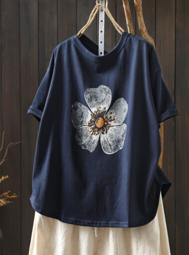 Women Summer Casual Flower O-Neck T-Shirt