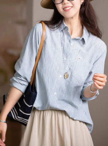 Women Spring Vintage Stripe 100%Cotton Shirt